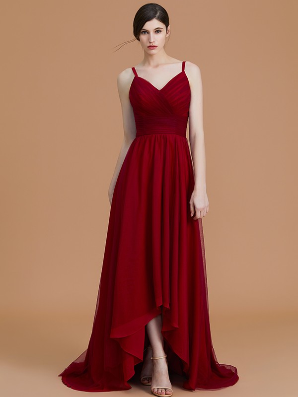 A-Line/Princess Spaghetti Straps Sleeveless Asymmetrical Ruffles Chiffon Bridesmaid Dresses 2541