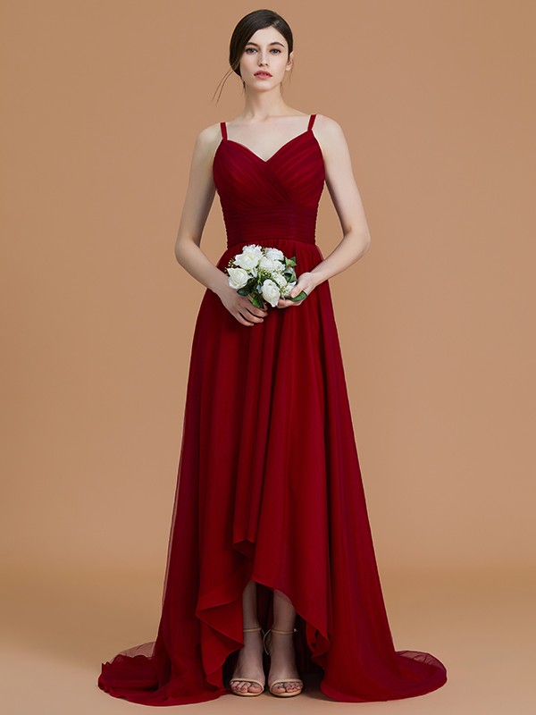 A-Line/Princess Spaghetti Straps Sleeveless Asymmetrical Ruffles Chiffon Bridesmaid Dresses 2541