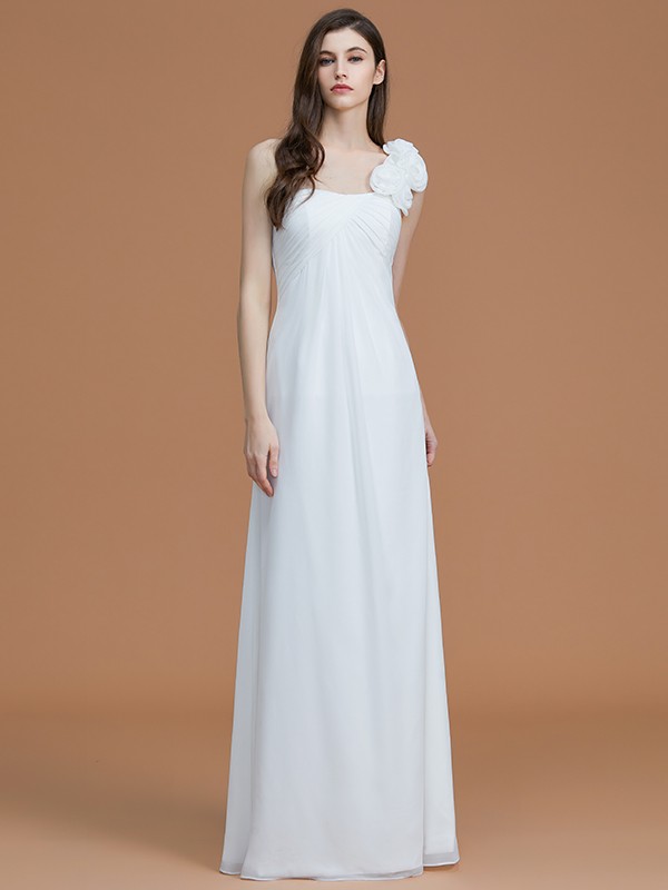 A-Line/Princess One-Shoulder Sleeveless Floor-Length Hand-Made Flower Chiffon Bridesmaid Dresses 2398