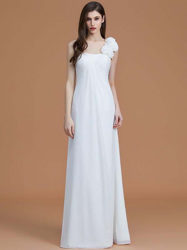 A-Line/Princess One-Shoulder Sleeveless Floor-Length Hand-Made Flower Chiffon Bridesmaid Dresses 2398