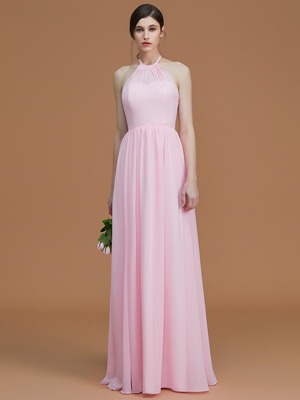 A-Line/Princess Halter Sleeveless Floor-Length Ruched Chiffon Bridesmaid Dresses 2285