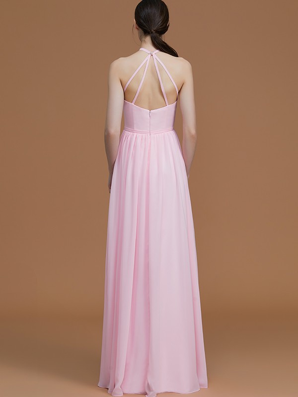 A-Line/Princess Halter Sleeveless Floor-Length Ruched Chiffon Bridesmaid Dresses 2285