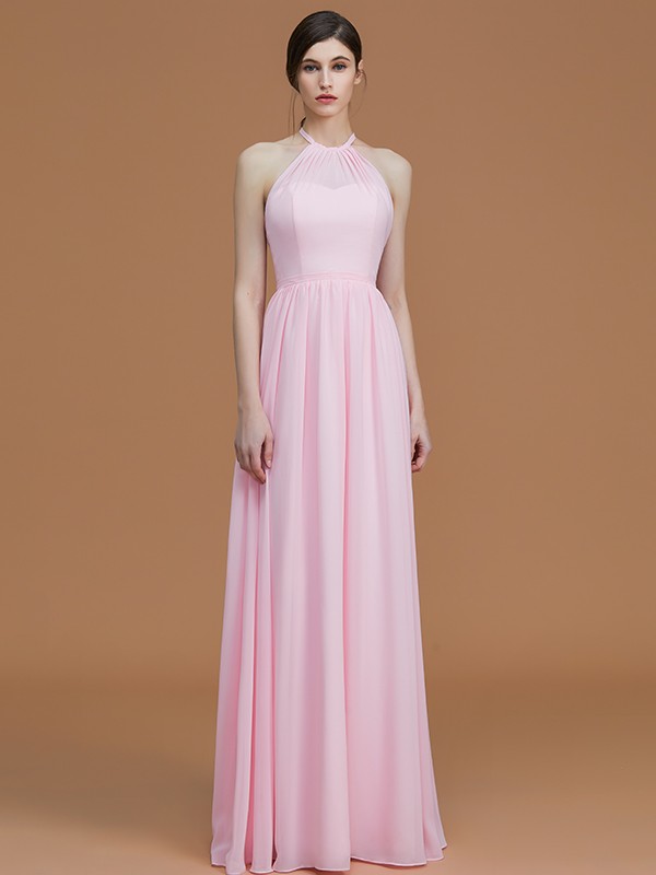 A-Line/Princess Halter Sleeveless Floor-Length Ruched Chiffon Bridesmaid Dresses 2285