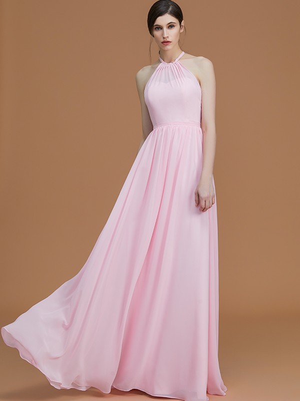 A-Line/Princess Halter Sleeveless Floor-Length Ruched Chiffon Bridesmaid Dresses 2285