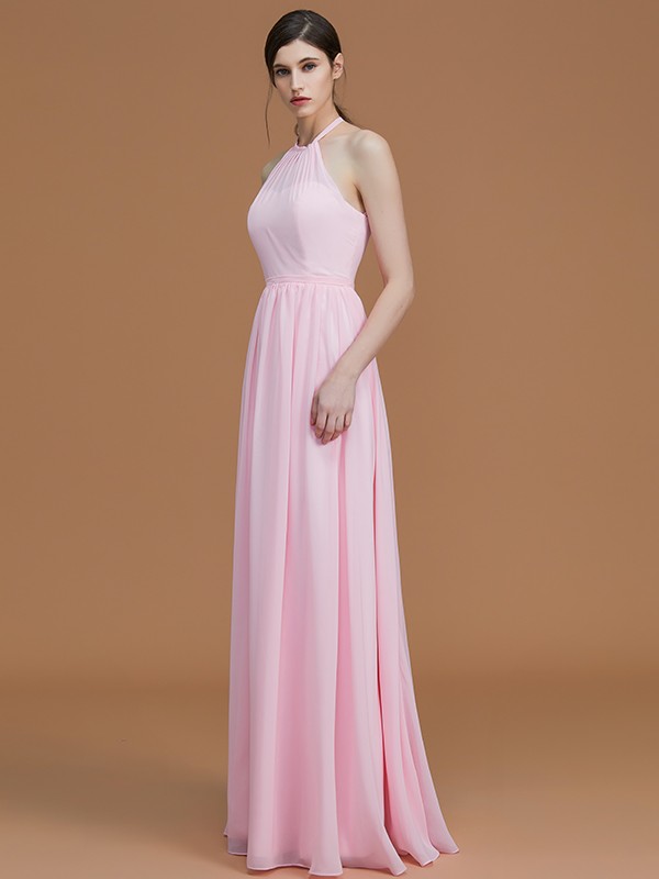 A-Line/Princess Halter Sleeveless Floor-Length Ruched Chiffon Bridesmaid Dresses 2285