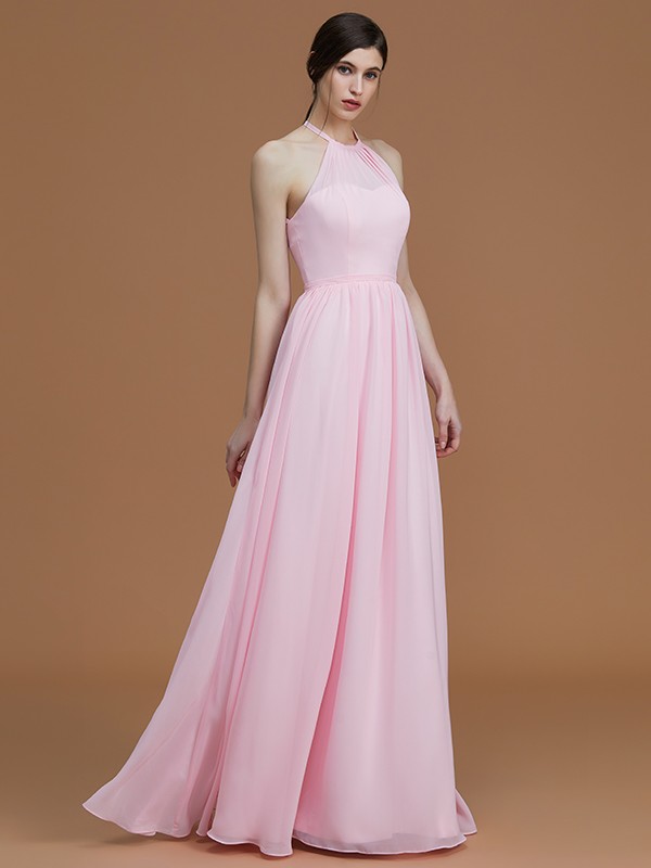 A-Line/Princess Halter Sleeveless Floor-Length Ruched Chiffon Bridesmaid Dresses 2285