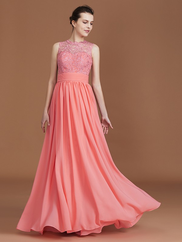 A-Line/Princess Jewel Sleeveless Lace Floor-Length Chiffon Bridesmaid Dresses 2340