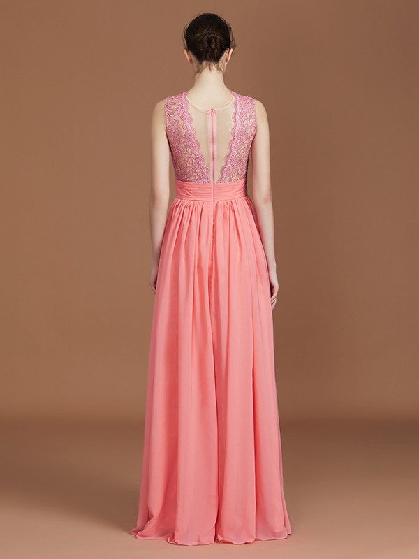 A-Line/Princess Jewel Sleeveless Lace Floor-Length Chiffon Bridesmaid Dresses 2340