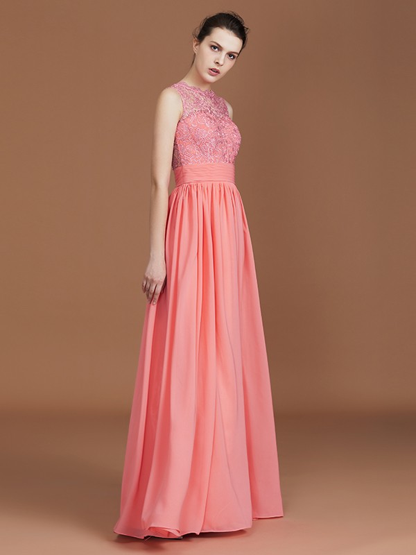 A-Line/Princess Jewel Sleeveless Lace Floor-Length Chiffon Bridesmaid Dresses 2340