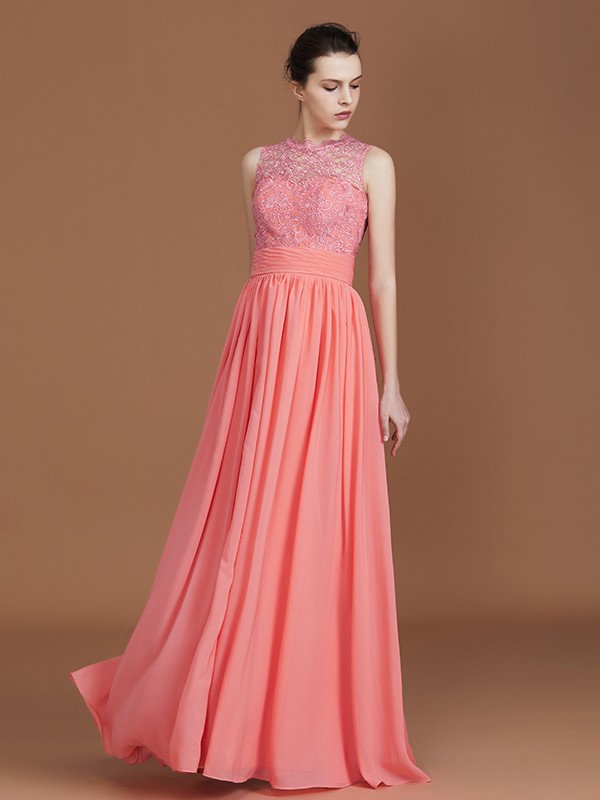 A-Line/Princess Jewel Sleeveless Lace Floor-Length Chiffon Bridesmaid Dresses 2340