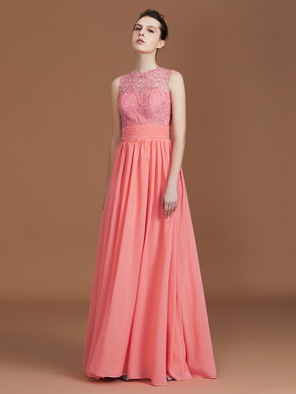 A-Line/Princess Jewel Sleeveless Lace Floor-Length Chiffon Bridesmaid Dresses 2340