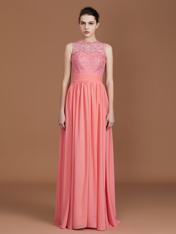 A-Line/Princess Jewel Sleeveless Lace Floor-Length Chiffon Bridesmaid Dresses 2340