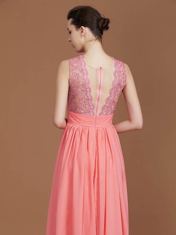 A-Line/Princess Jewel Sleeveless Lace Floor-Length Chiffon Bridesmaid Dresses 2340