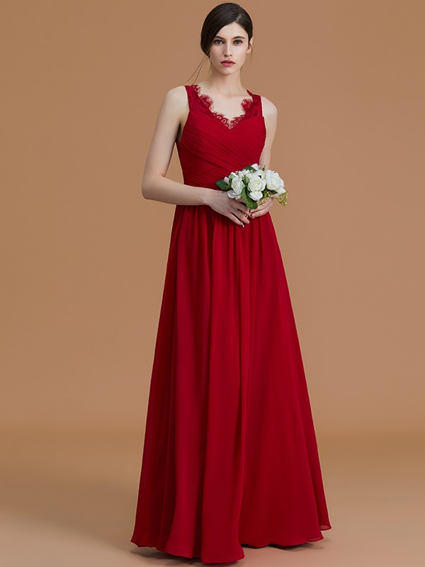 A-Line/Princess V-neck Sleeveless Floor-Length Ruffles Chiffon Bridesmaid Dresses 2833