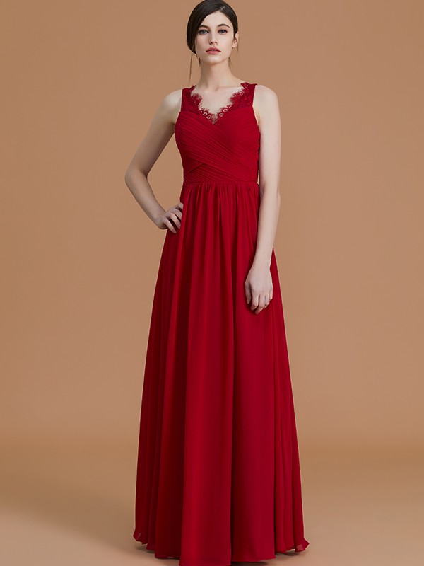 A-Line/Princess V-neck Sleeveless Floor-Length Ruffles Chiffon Bridesmaid Dresses 2833