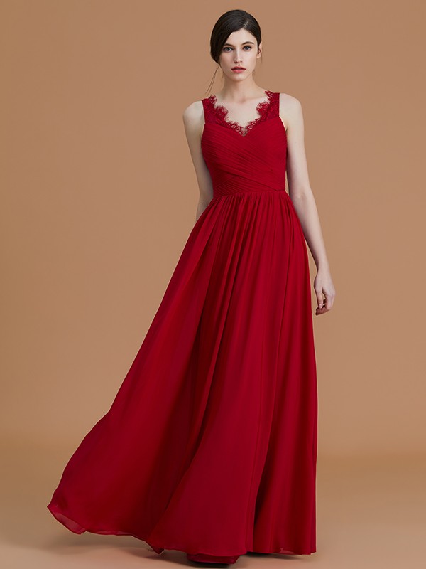 A-Line/Princess V-neck Sleeveless Floor-Length Ruffles Chiffon Bridesmaid Dresses 2833