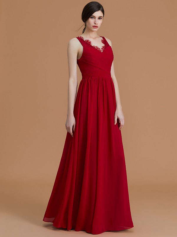 A-Line/Princess V-neck Sleeveless Floor-Length Ruffles Chiffon Bridesmaid Dresses 2833