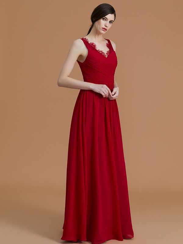 A-Line/Princess V-neck Sleeveless Floor-Length Ruffles Chiffon Bridesmaid Dresses 2833