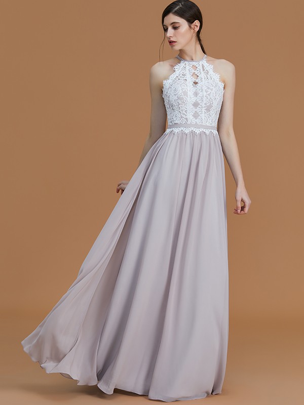 A-Line/Princess Halter Sleeveless Floor-Length Lace Chiffon Bridesmaid Dresses 2283