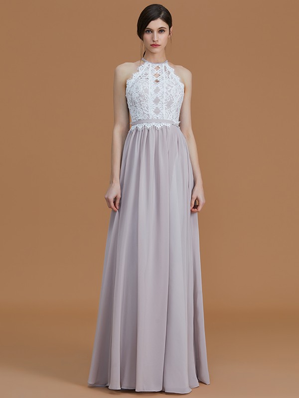 A-Line/Princess Halter Sleeveless Floor-Length Lace Chiffon Bridesmaid Dresses 2283