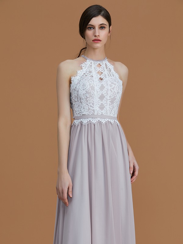 A-Line/Princess Halter Sleeveless Floor-Length Lace Chiffon Bridesmaid Dresses 2283