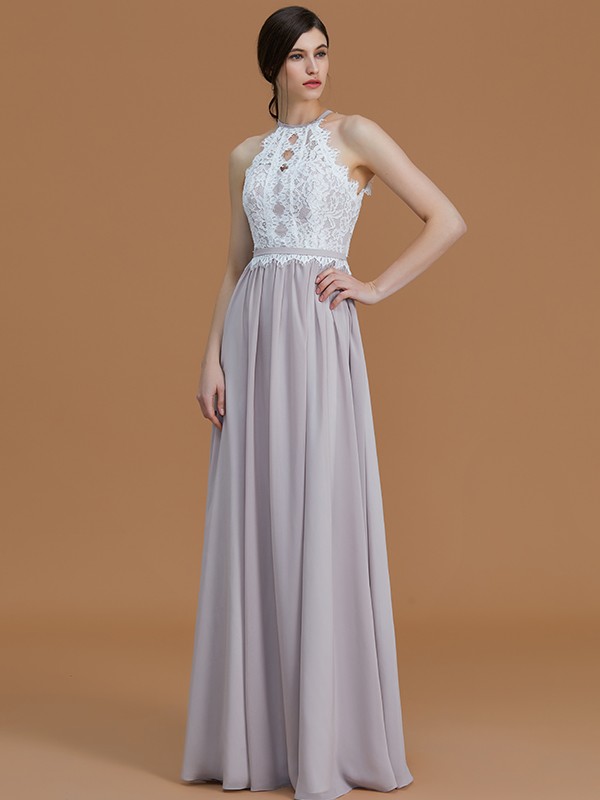 A-Line/Princess Halter Sleeveless Floor-Length Lace Chiffon Bridesmaid Dresses 2283