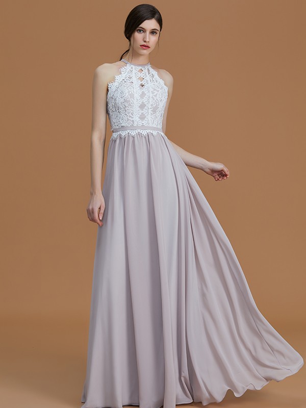 A-Line/Princess Halter Sleeveless Floor-Length Lace Chiffon Bridesmaid Dresses 2283