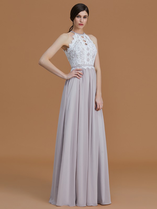 A-Line/Princess Halter Sleeveless Floor-Length Lace Chiffon Bridesmaid Dresses 2283