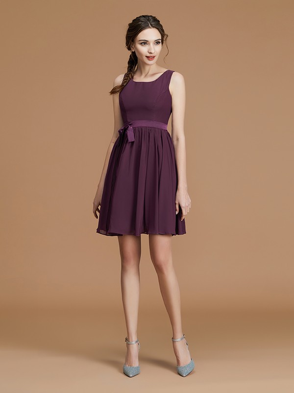 A-Line/Princess Bateau Sleeveless Short/Mini Sash/Ribbon/Belt Chiffon Bridesmaid Dresses 2121