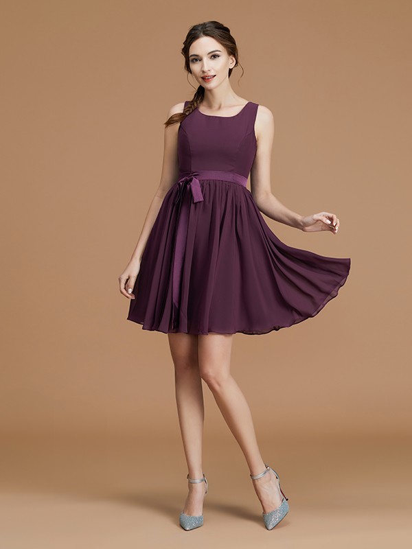 A-Line/Princess Bateau Sleeveless Short/Mini Sash/Ribbon/Belt Chiffon Bridesmaid Dresses 2121