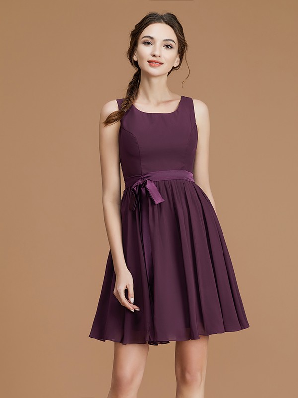 A-Line/Princess Bateau Sleeveless Short/Mini Sash/Ribbon/Belt Chiffon Bridesmaid Dresses 2121