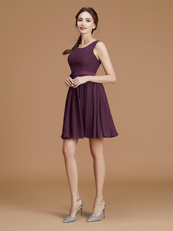 A-Line/Princess Bateau Sleeveless Short/Mini Sash/Ribbon/Belt Chiffon Bridesmaid Dresses 2121