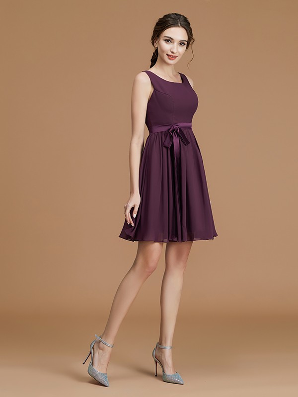 A-Line/Princess Bateau Sleeveless Short/Mini Sash/Ribbon/Belt Chiffon Bridesmaid Dresses 2121