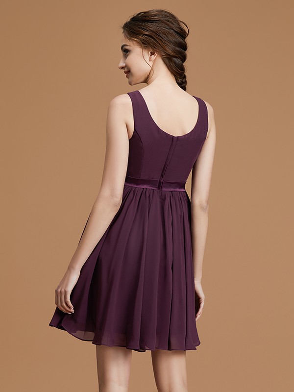 A-Line/Princess Bateau Sleeveless Short/Mini Sash/Ribbon/Belt Chiffon Bridesmaid Dresses 2121