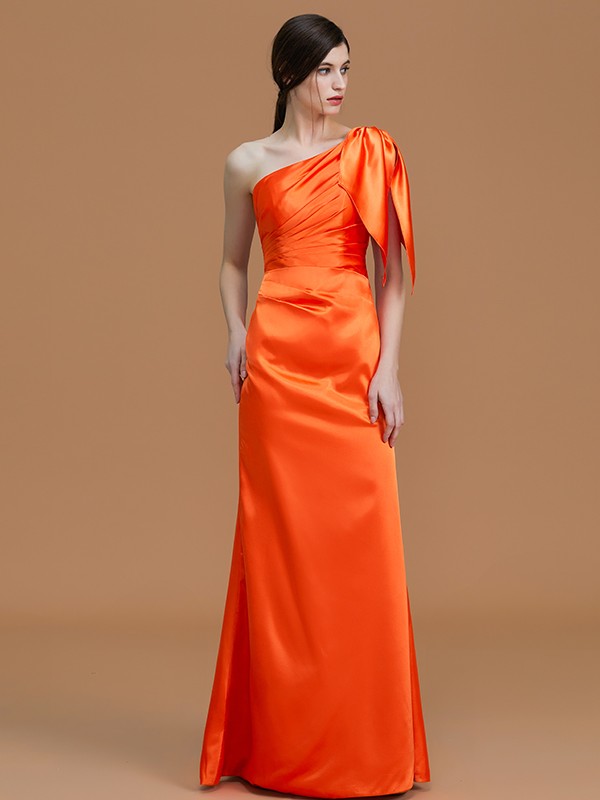 Trumpet/Mermaid One-Shoulder Sleeveless Floor-Length Ruched Elastic Woven Satin Bridesmaid Dresses 3260