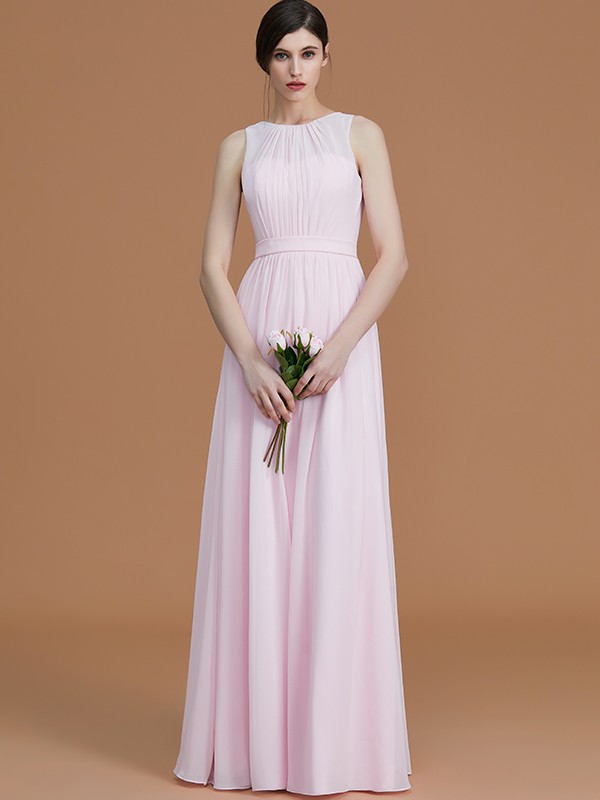 A-Line/Princess Jewel Sleeveless Floor-Length Ruched Chiffon Bridesmaid Dresses 2339