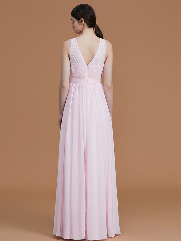 A-Line/Princess Jewel Sleeveless Floor-Length Ruched Chiffon Bridesmaid Dresses 2339