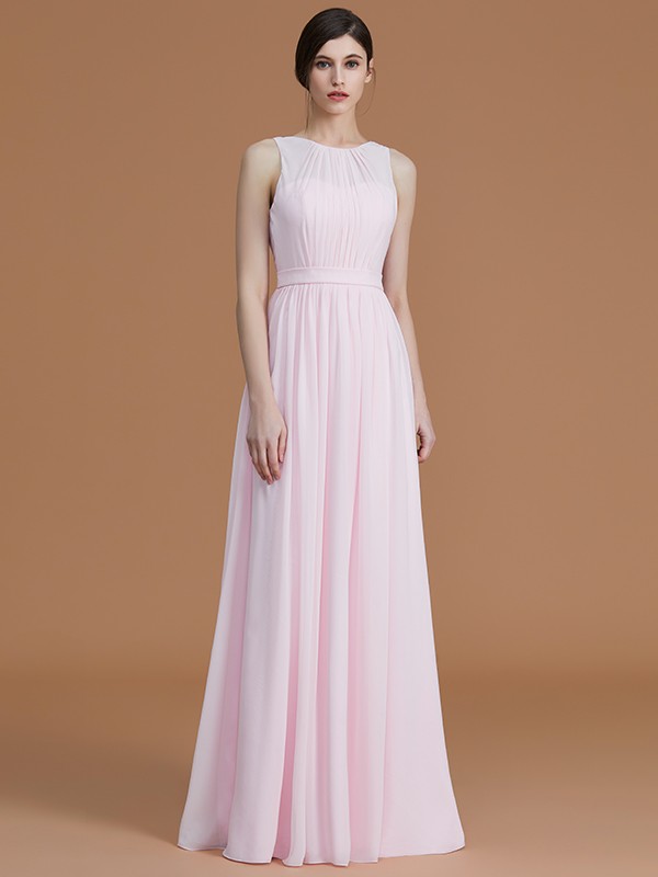 A-Line/Princess Jewel Sleeveless Floor-Length Ruched Chiffon Bridesmaid Dresses 2339