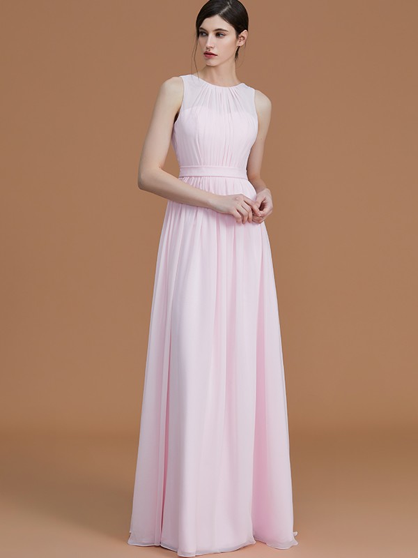 A-Line/Princess Jewel Sleeveless Floor-Length Ruched Chiffon Bridesmaid Dresses 2339