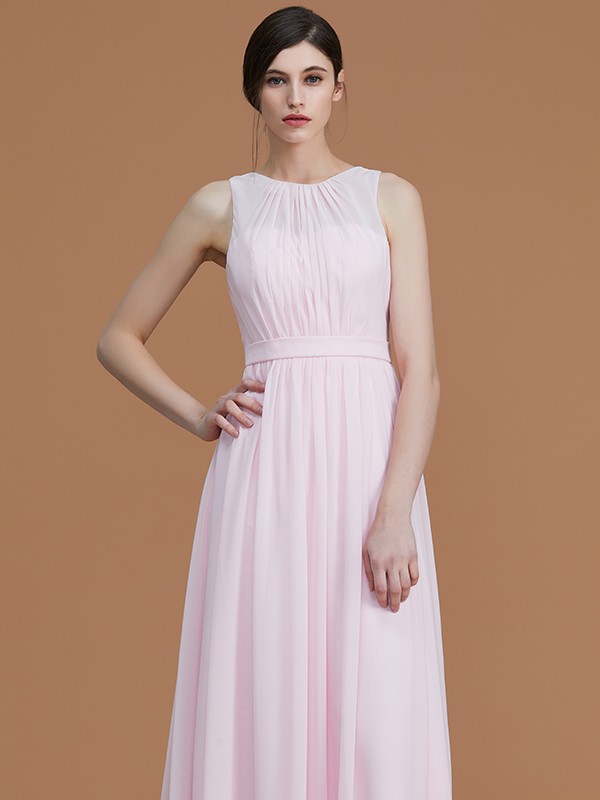 A-Line/Princess Jewel Sleeveless Floor-Length Ruched Chiffon Bridesmaid Dresses 2339