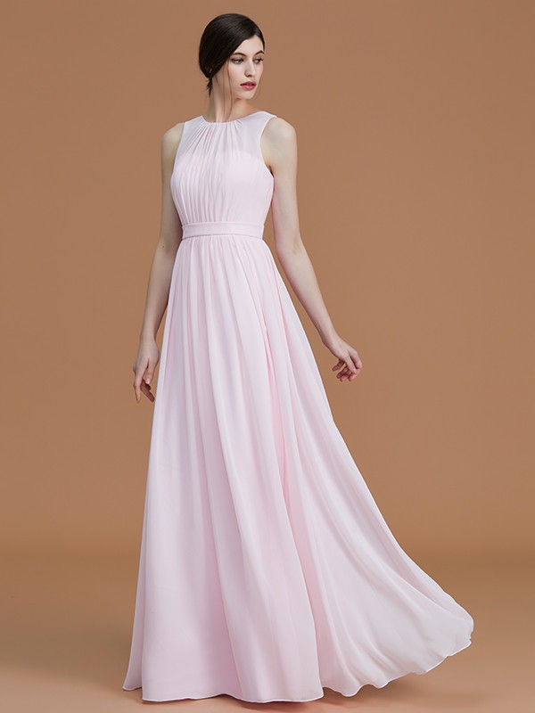 A-Line/Princess Jewel Sleeveless Floor-Length Ruched Chiffon Bridesmaid Dresses 2339