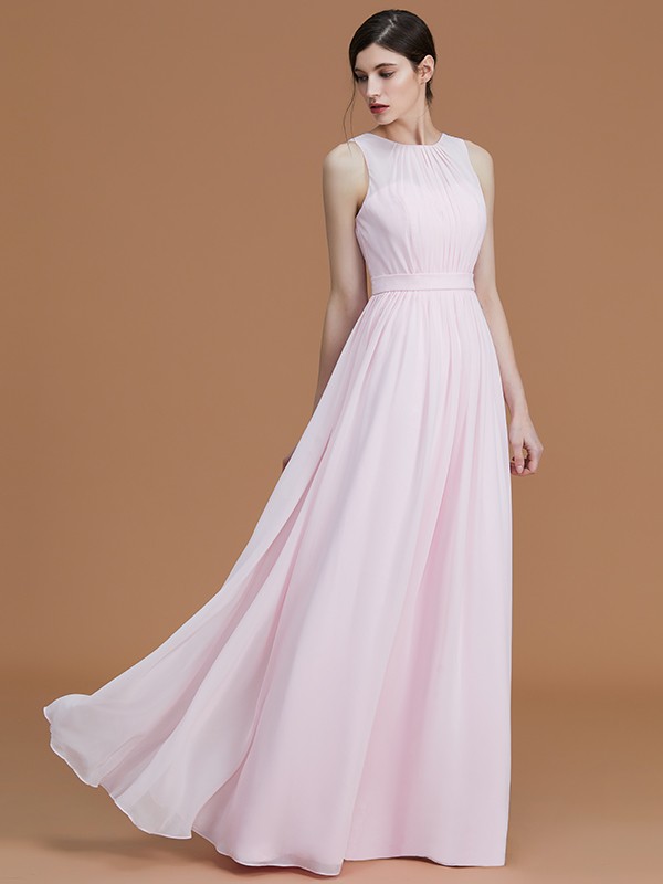 A-Line/Princess Jewel Sleeveless Floor-Length Ruched Chiffon Bridesmaid Dresses 2339