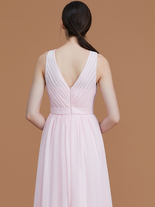 A-Line/Princess Jewel Sleeveless Floor-Length Ruched Chiffon Bridesmaid Dresses 2339