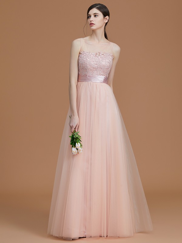 A-Line/Princess Bateau Sleeveless Floor-Length Applique Tulle Bridesmaid Dresses 2108