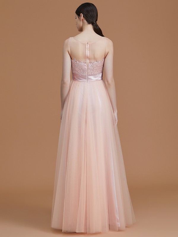 A-Line/Princess Bateau Sleeveless Floor-Length Applique Tulle Bridesmaid Dresses 2108