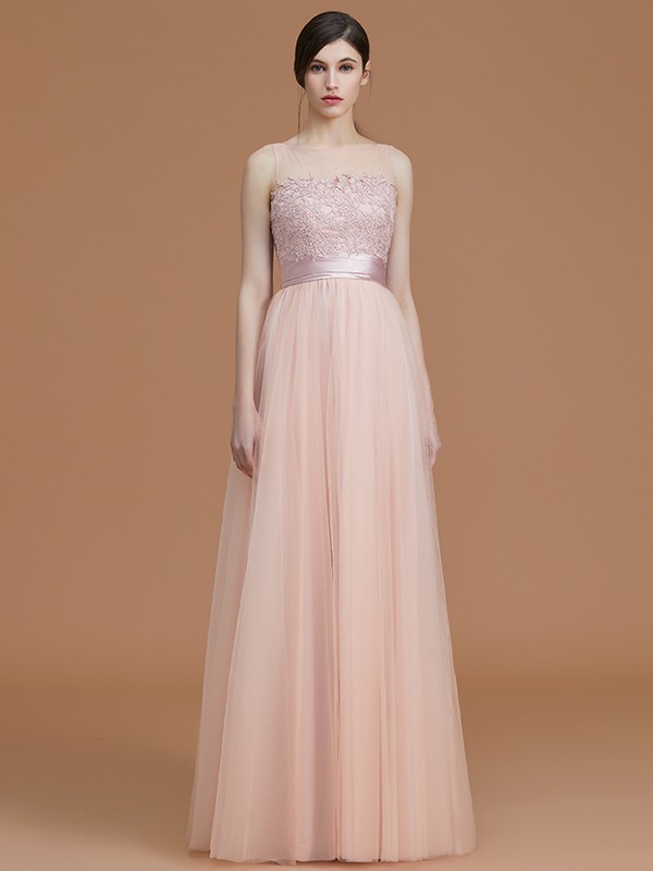 A-Line/Princess Bateau Sleeveless Floor-Length Applique Tulle Bridesmaid Dresses 2108