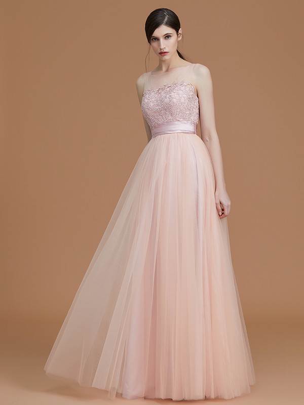 A-Line/Princess Bateau Sleeveless Floor-Length Applique Tulle Bridesmaid Dresses 2108