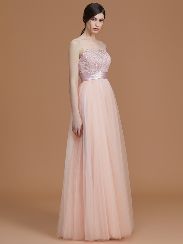 A-Line/Princess Bateau Sleeveless Floor-Length Applique Tulle Bridesmaid Dresses 2108