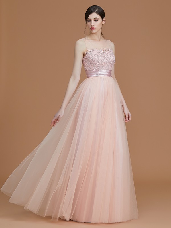 A-Line/Princess Bateau Sleeveless Floor-Length Applique Tulle Bridesmaid Dresses 2108