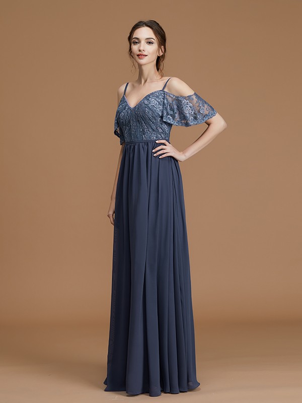 A-Line/Princess Spaghetti Straps Sleeveless Floor-Length Lace Chiffon Bridesmaid Dresses 2543